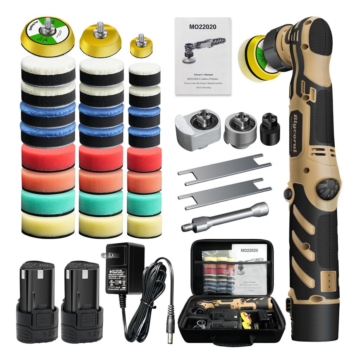 Blycorul Cordless Mini Polisher,1/1.5/2Inch Micro Polisher,DA&RO Cordless Polisher with 11 Variable Speed 2500-6000 RPM,2 * 2.0Ah Rechargeable Batteries,Polisher for Car Detailing,Polishing,Cleaning Blycorul