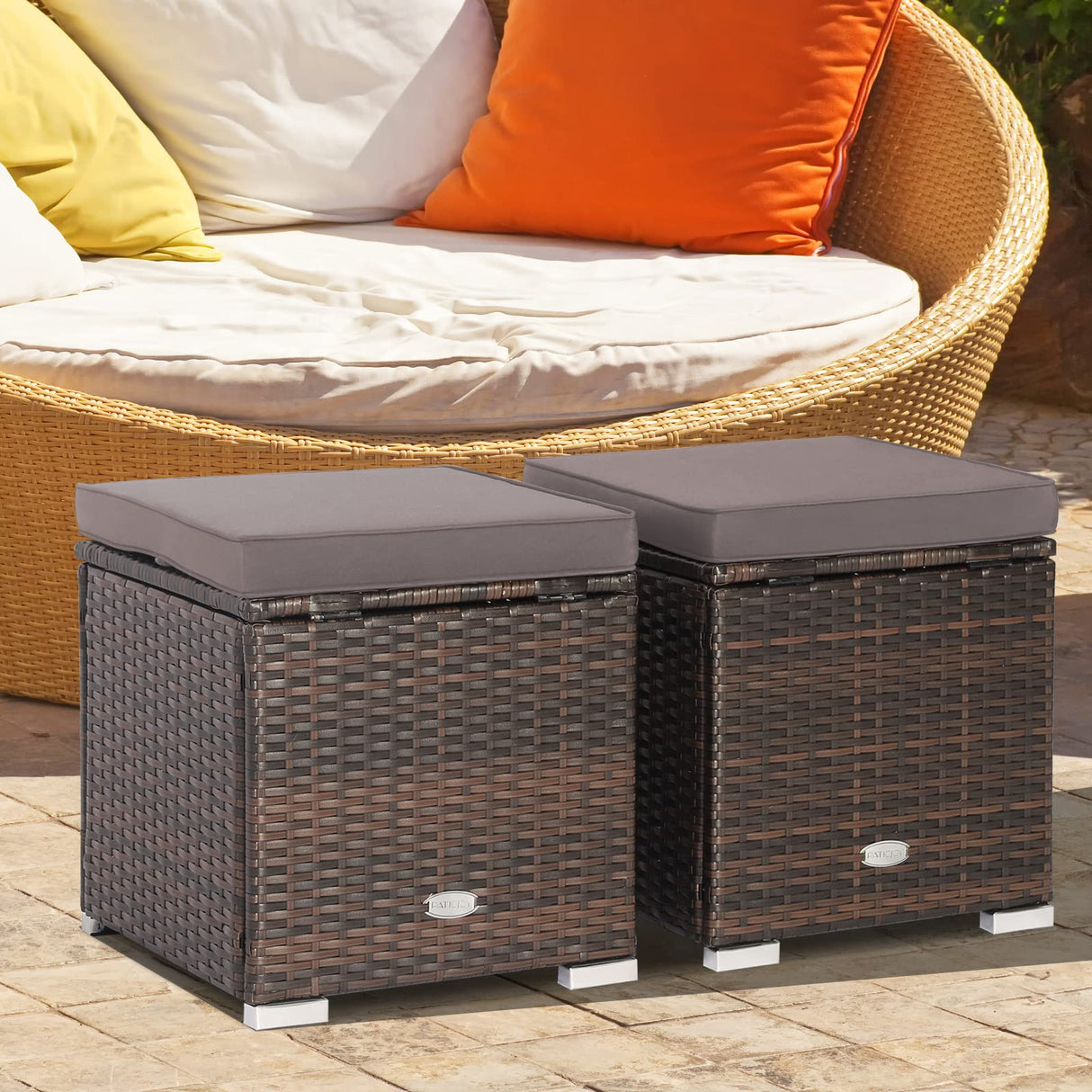 Tangkula 2 Pieces Patio Ottomans, Patiojoy Hand-Woven PE Rattan Side Table with Removable Cushion & Hidden Storage Space, Multifunctional Storage Box, Seats for Patio, Backyard, Poolside (Grey) Tangkula