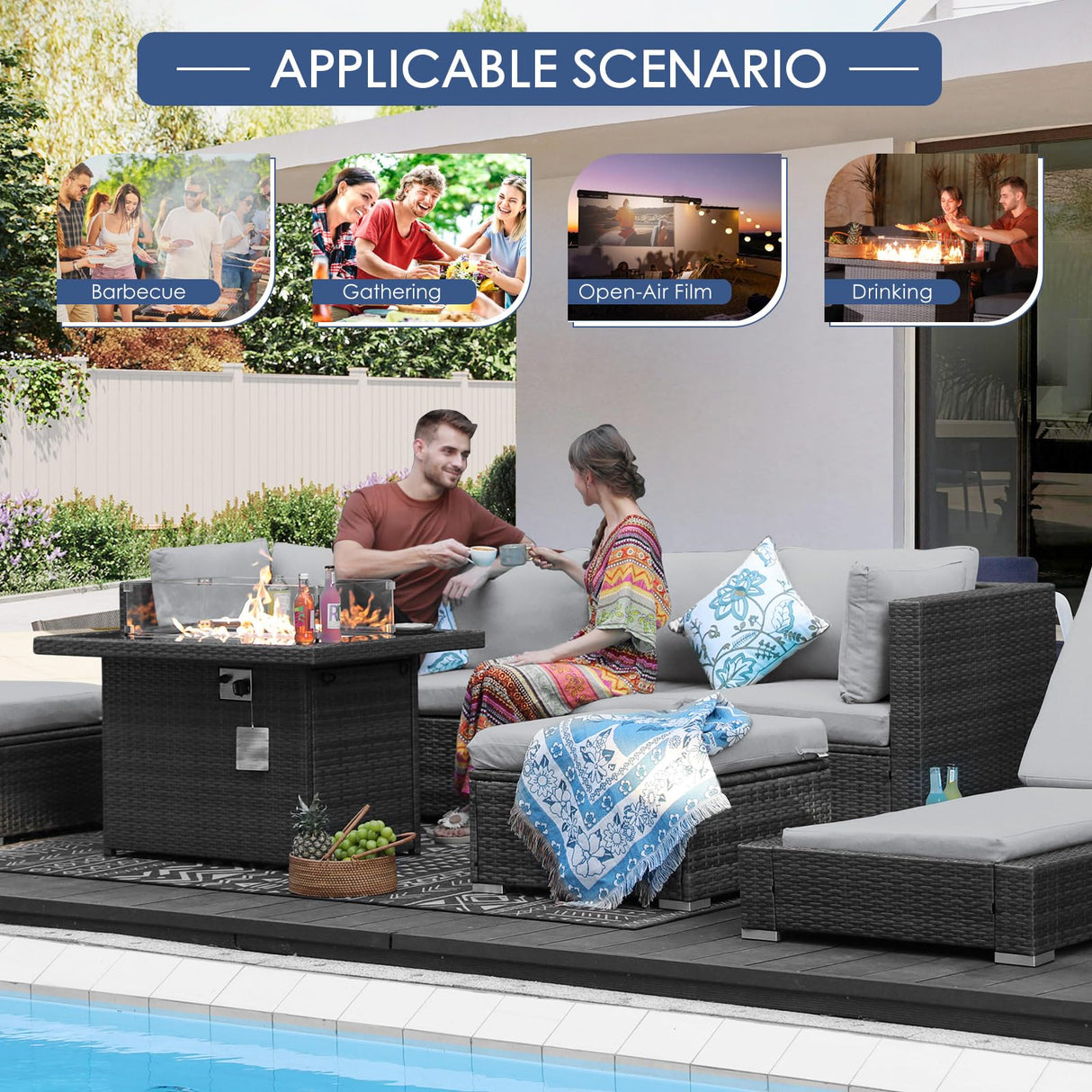 NICESOUL® 29.3'' High Back Plus Size Rattan Outdoor Patio Furniture Sectional Sofa Sets with Natual Gas/Propane Fire Pit Table, Outdoor Wicker Conversation Couch Sets Grey 9 Piece NICESOUL