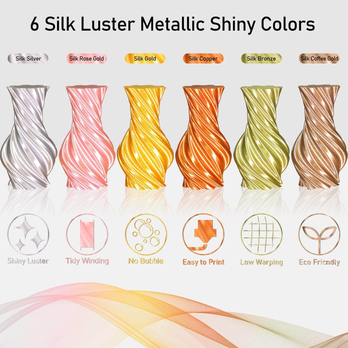 MIKA3D 6 Spools 1.75mm Silk PLA 3D Printer Filament Bundle, 6 Metallic Shiny Colors: Gold/Silver/Copper/Bronze/Coffee Gold/Rose Gold, Each Spool 250g X 6 Spools, Total 1.5Kg 3D Printer Material MIKA3D
