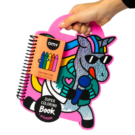 Omy Super Coloring Book – Unicorn | Enter a Magical World of Rainbows, Sparkles, and Imagination | 35 Pages, 2 Sticker Sheets, 5 Wax Crayons | Creative Play for Kids Ages 3 and Up Omy