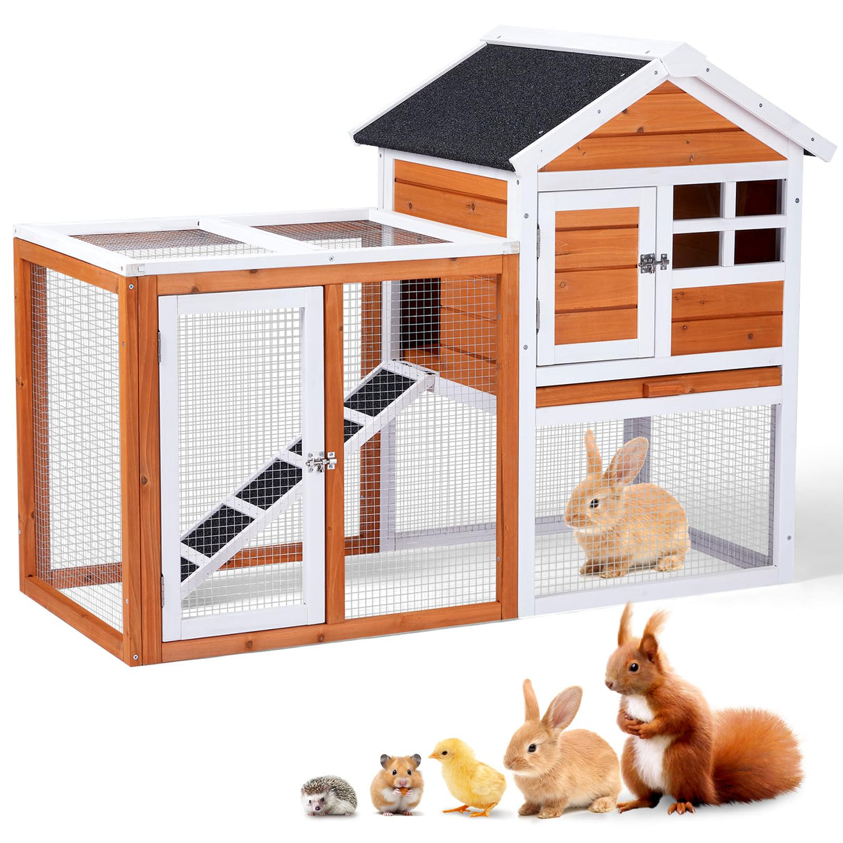 Outvita Rabbit Hutch, Small Wood Chicken Coop, 48" Guinea Pig Cage w/Pull-Out Tray, Waterproof Asphalt Roof, Chicken Run, Interactive Door for Small Animal Pen Outdoor Outvita