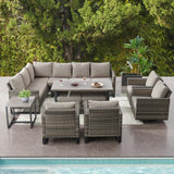 Belord Outdoor Sectional Furniture with Swivel Rocker Chair, 10 Pieces Wicker Patio Furniture Sets with Ottoman L Shaped Sofa Coffee Table Grey Cushion Belord