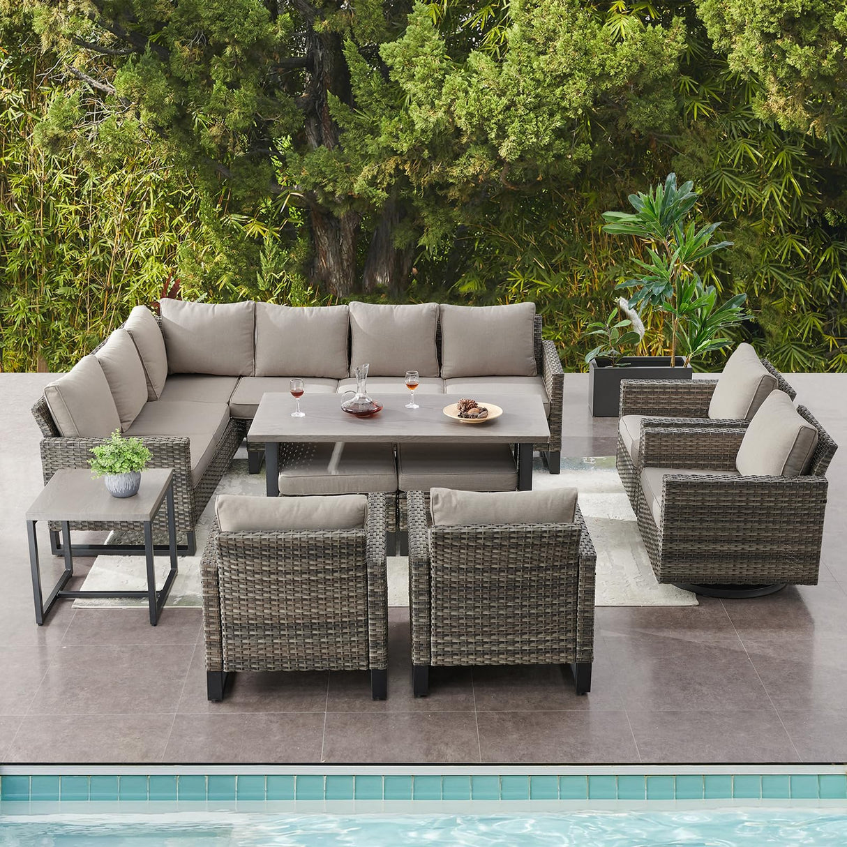Belord Outdoor Sectional Furniture with Swivel Rocker Chair, 10 Pieces Wicker Patio Furniture Sets with Ottoman L Shaped Sofa Coffee Table Grey Cushion Belord