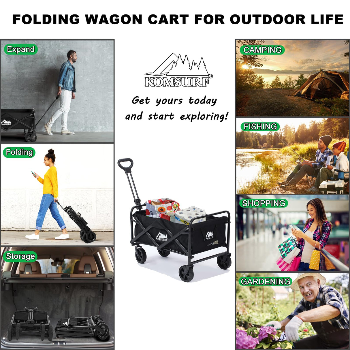 KOMSURF Foldable Utility Wagons Heavy Duty Folding Grocery Cart on Wheels, 200 lbs Capacity with Side Pockets for Garden, Shopping, Sporting and Beach Outdoor Use KOMSURF