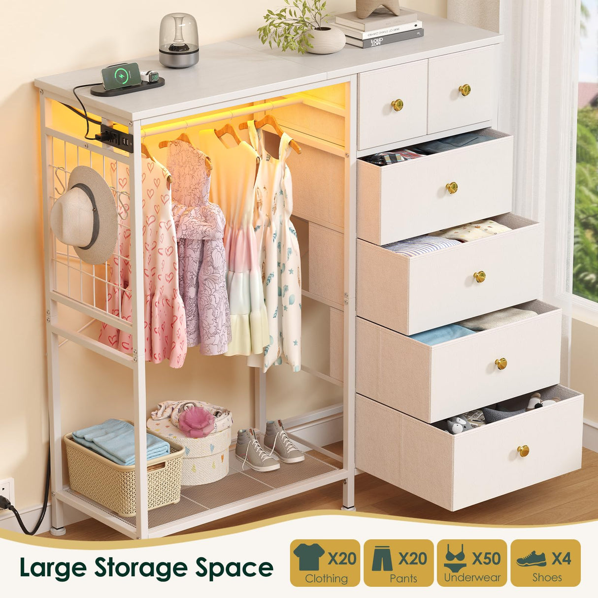 OtterOasis 47.2" White Dresser with Hanging Rack, 2 in 1 Bedroom 6 Drawers Dresser with LED Lights & Charging Station, Wooden Dressers with Fabric Drawers and Clothing Rack for Girls, Kids OtterOasis