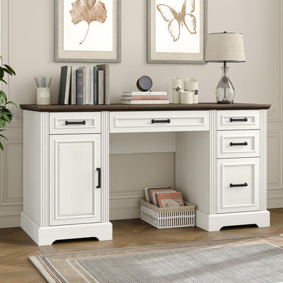 Furniouse 58" Executive Desk, Farmhouse Computer Desk with Drawers and Cabinet with Charging Station, Wooden Home Office Desk, Workspace for Work Study Writing, Brown Tabletop, Off White