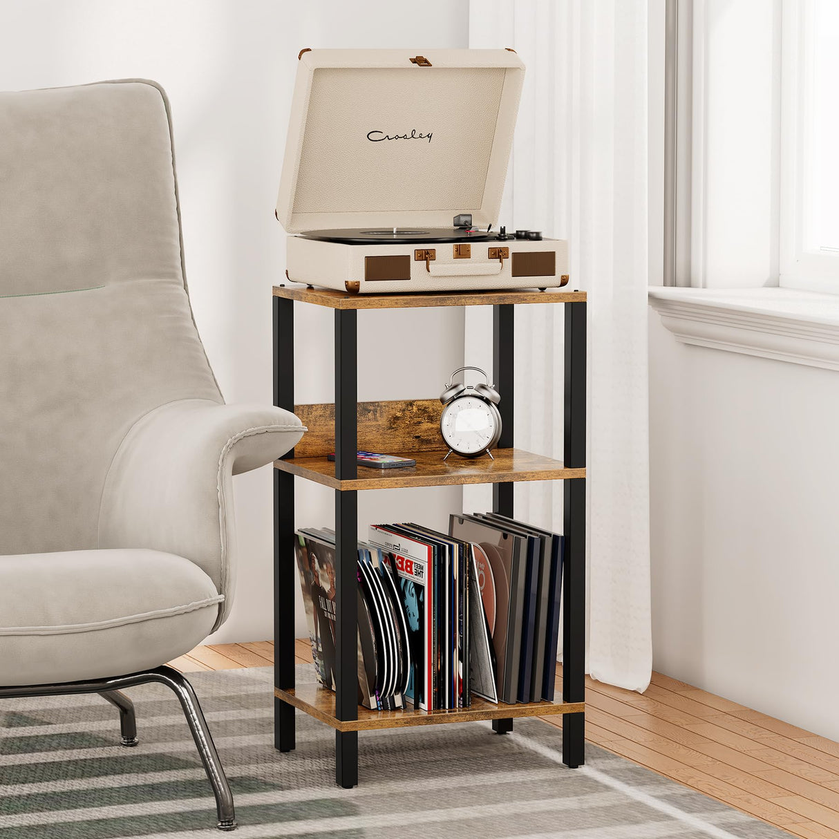 TUTOTAK Record Player Stand with Storage Up to 100 Albums,Record Storage Table,3 Tier End Table,Side Table for Living Room, Bedroom, Brown TB01BB075 TUTOTAK