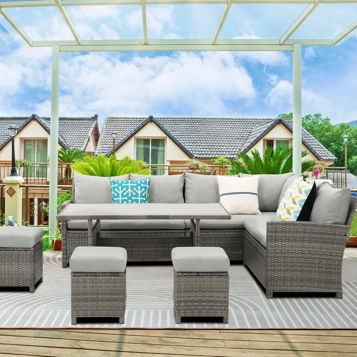 Wisteria Lane Patio Furniture Set, 7 Piece High Curved Back Outdoor Dining Sectional Sofa with Dining Table and Chair, All Weather Wicker Conversation Set with Ottoman, Grey Wisteria Lane