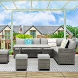 Wisteria Lane Patio Furniture Set, 7 Piece High Curved Back Outdoor Dining Sectional Sofa with Dining Table and Chair, All Weather Wicker Conversation Set with Ottoman, Grey Wisteria Lane