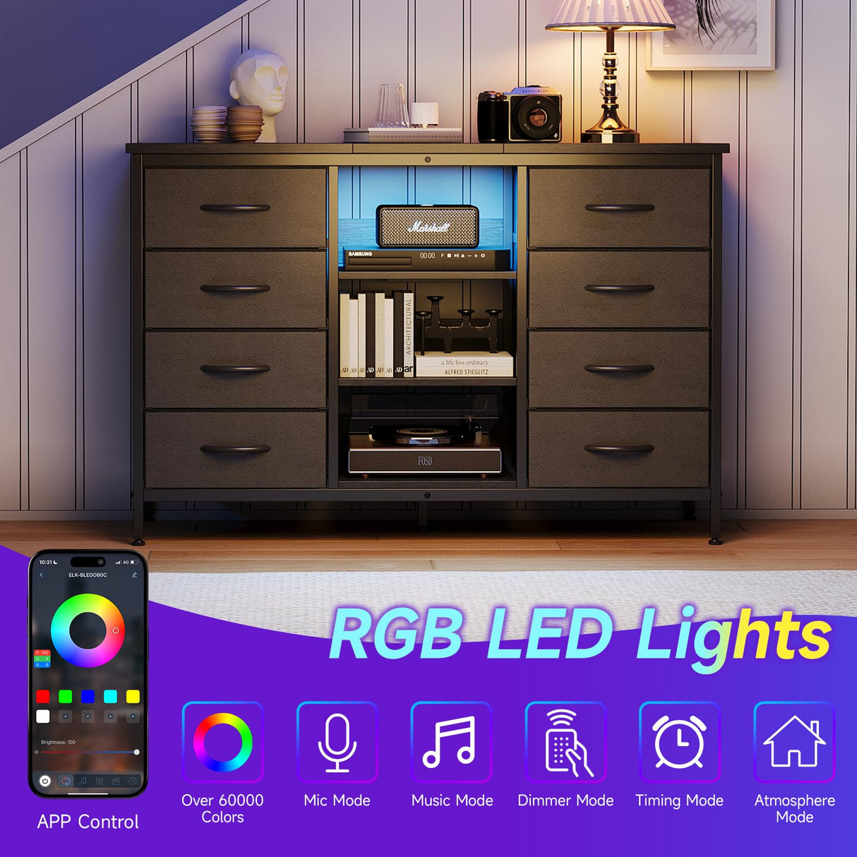 COTUBLR Fits 55" TV Stand Dresser for 50 55 60 Inch TV Dresser TV Stand with Power Outlets & LED Lights & 8 Drawers Dresser with PU Finish, 47 Inches TV Console with Open Shelves, for Bedroom COTUBLR