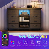 COTUBLR Fits 55" TV Stand Dresser for 50 55 60 Inch TV Dresser TV Stand with Power Outlets & LED Lights & 8 Drawers Dresser with PU Finish, 47 Inches TV Console with Open Shelves, for Bedroom COTUBLR