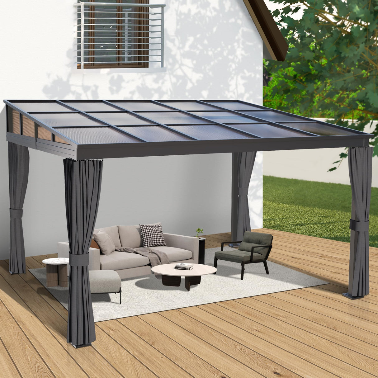 Raysfung 10' x 13' Polycarbonate Hardtop Gazebo,Wall Mounted Gazebo with Aluminum Frame Lean to Gazebo Pergola with Sloping Roof for Outdoor, Backyard, Patio Raysfung