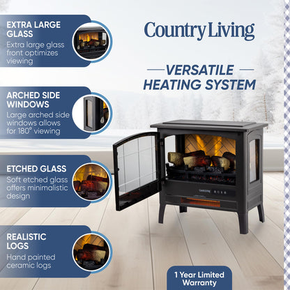 Country Living Infrared Freestanding Electric Fireplace Stove Heater in Bronze | Provides Supplemental Zone Heat with Remote, Multiple Flame Colors, Metal Design with Faux Wooden Logs