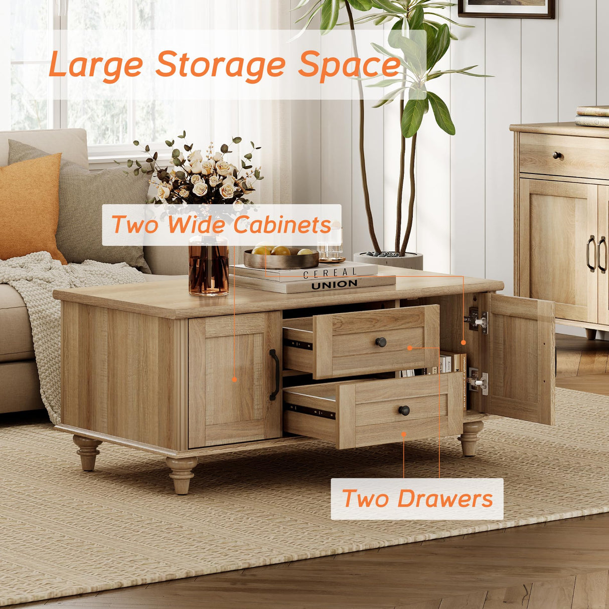 WAMPAT Farmhouse Coffee Table with Storage Cabinet, Wooden Coffee Tables for Living Room, Rustic Tea Table Rectangle Center Table with Drawers for Home, Oak WAMPAT