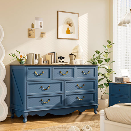 Wooden Blue 7 Drawers Dresser for Bedroom, Farmhouse Mid Century Dresser with 54" Wide Tabletop, Vintage Chest of Drawers with Solid Wood Leg and Curved Metal Handle, for Living Room, Hallway LegacyAmerhome