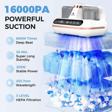 Amzany Mattress Vacuum Cleaner - 5-in-1 Cordless Bed Vacuum Cleaner, Powered by UV-C Light & Ultrasonic Technology, 16Kpa Strong Suction,Low Noise,Suitable for Dust, Pet Hair, Etc. Amzany