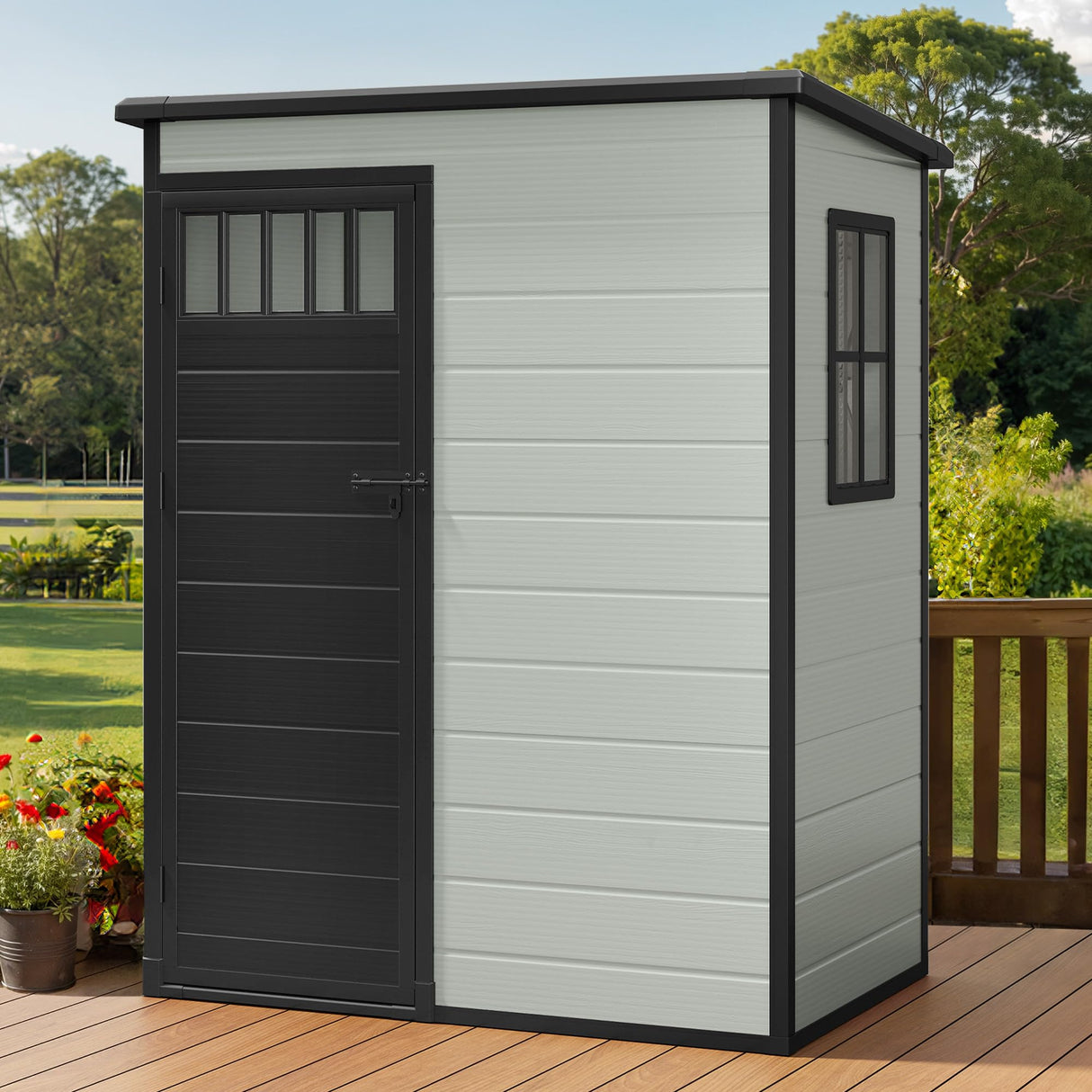 DWVO Outdoor Storage Shed, All-Weather Resin Plastic Storage Shed with Windows, Slanted Roof, Raised Floor, Capacity for Garden Tools & Equipment, Ideal for Backyard & Garden DWVO