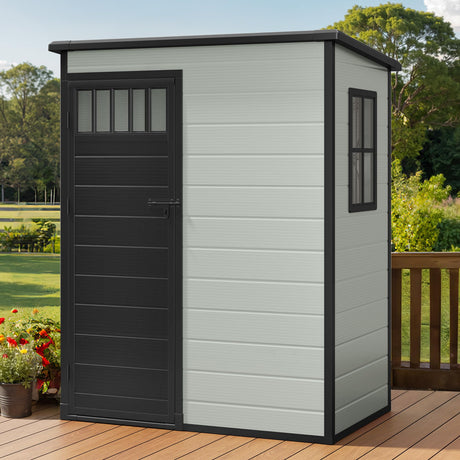 DWVO Outdoor Storage Shed, All-Weather Resin Plastic Storage Shed with Windows, Slanted Roof, Raised Floor, Capacity for Garden Tools & Equipment, Ideal for Backyard & Garden DWVO