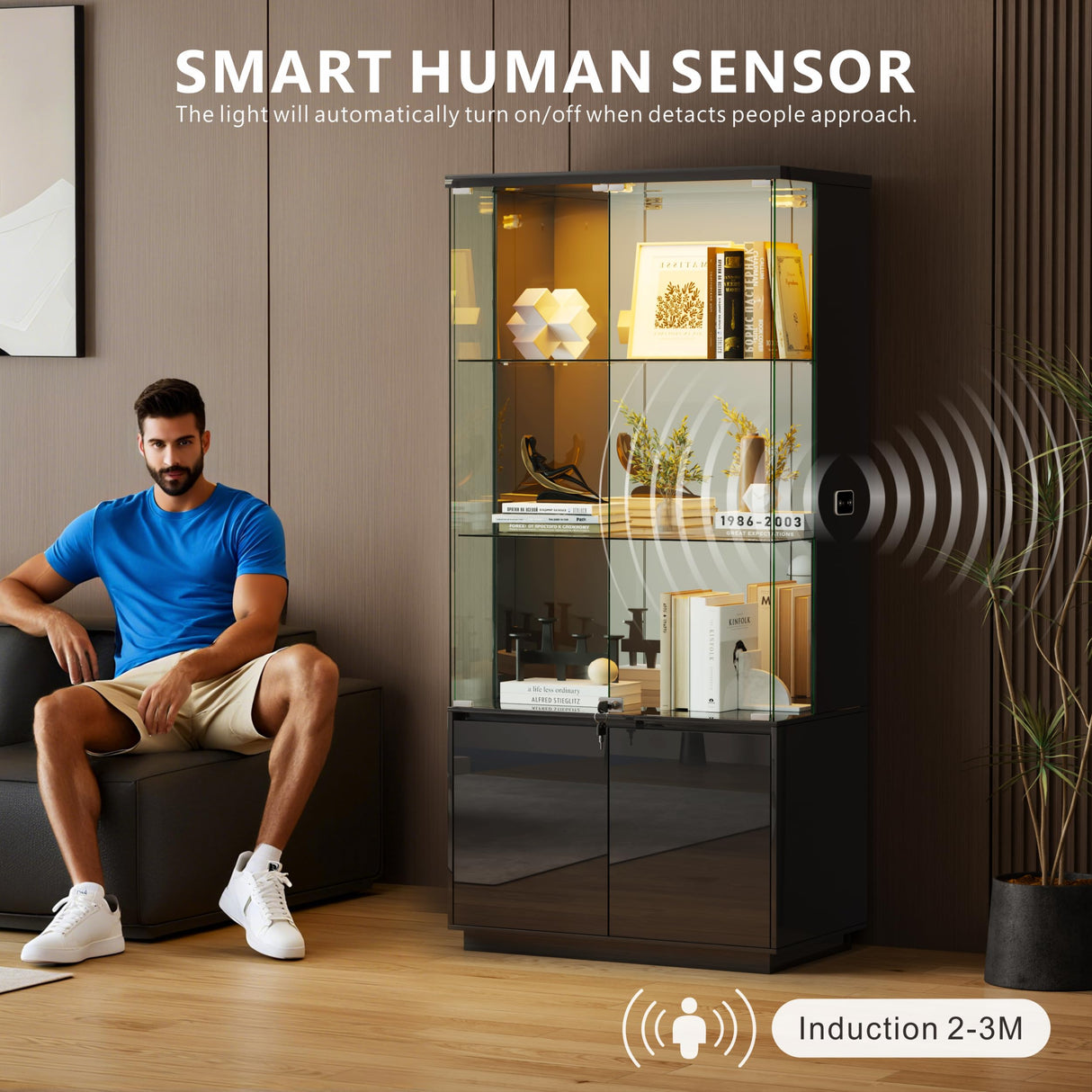 Lvifur 71” Glass Display Cabinet with Lights, Modern Curio Cabinet Display Cases for Collectibles, Locking Cabinet with Shelves & Drawers, Tall Bookcase with Human Body Sensor for Living Room (Black) Lvifur