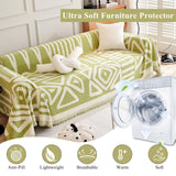 VClife Boho Couch Cover Non-slip Chenille Sectional Sofa Couch Cover for 2 Cushion Couch Sofa Modern Cream White Green Geometry Sofa Slipcover for Loveseat Washable Furniture Protector Cover 71"x 118" VClife
