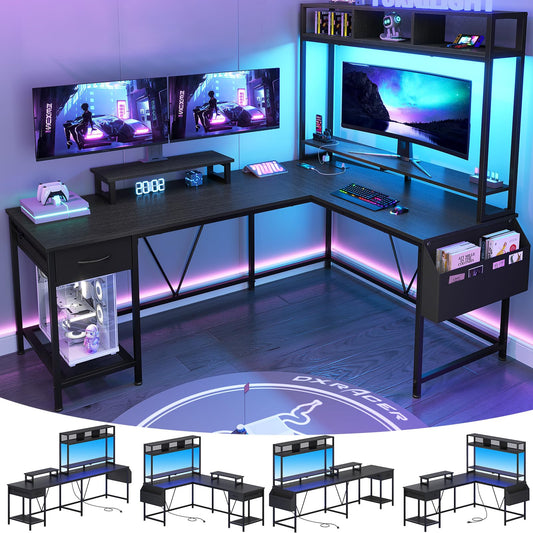 VIGKOOK L Shaped Gaming Desk with Shelves, Reversible 66.9" Corner Computer Desk with Power Outlet and Led Strip, Home Office Desks with Drawer Mobile Monitor Stand Storage Bag (Black) - WoodArtSupply