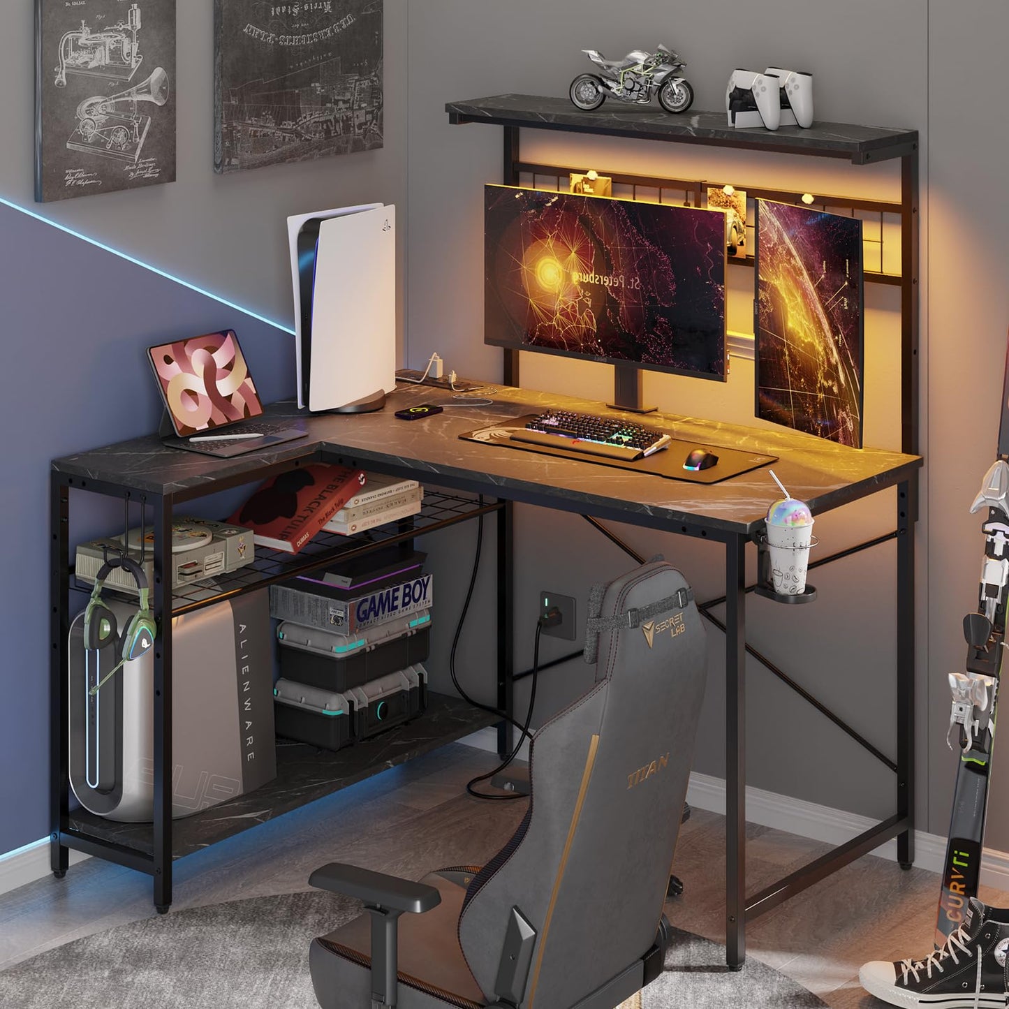 Bestier 42 L Gaming Desk,Computer Desk with Power Outlets, LED Lights, Reversible Corner Desk with 4-Tier Shelves,Cup Holder & Hook Black Marble - WoodArtSupply