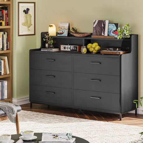 Hasuit 6 Drawers Double Dresser with Shelves, Large Wooden Storage Tower Organizer, Wide Chest of Drawers, Black Dresser for Bedroom, Living Room, Hasuit