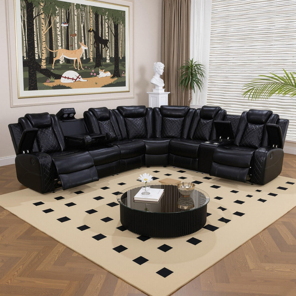 Power Recliner Sectional Sofa with LED Light, Breathing Leather Recliner Sofa Couch with Wireless Charger/Cup Holder for Living Room Home Office Theater (All Black) Pon Living Furniture Inc