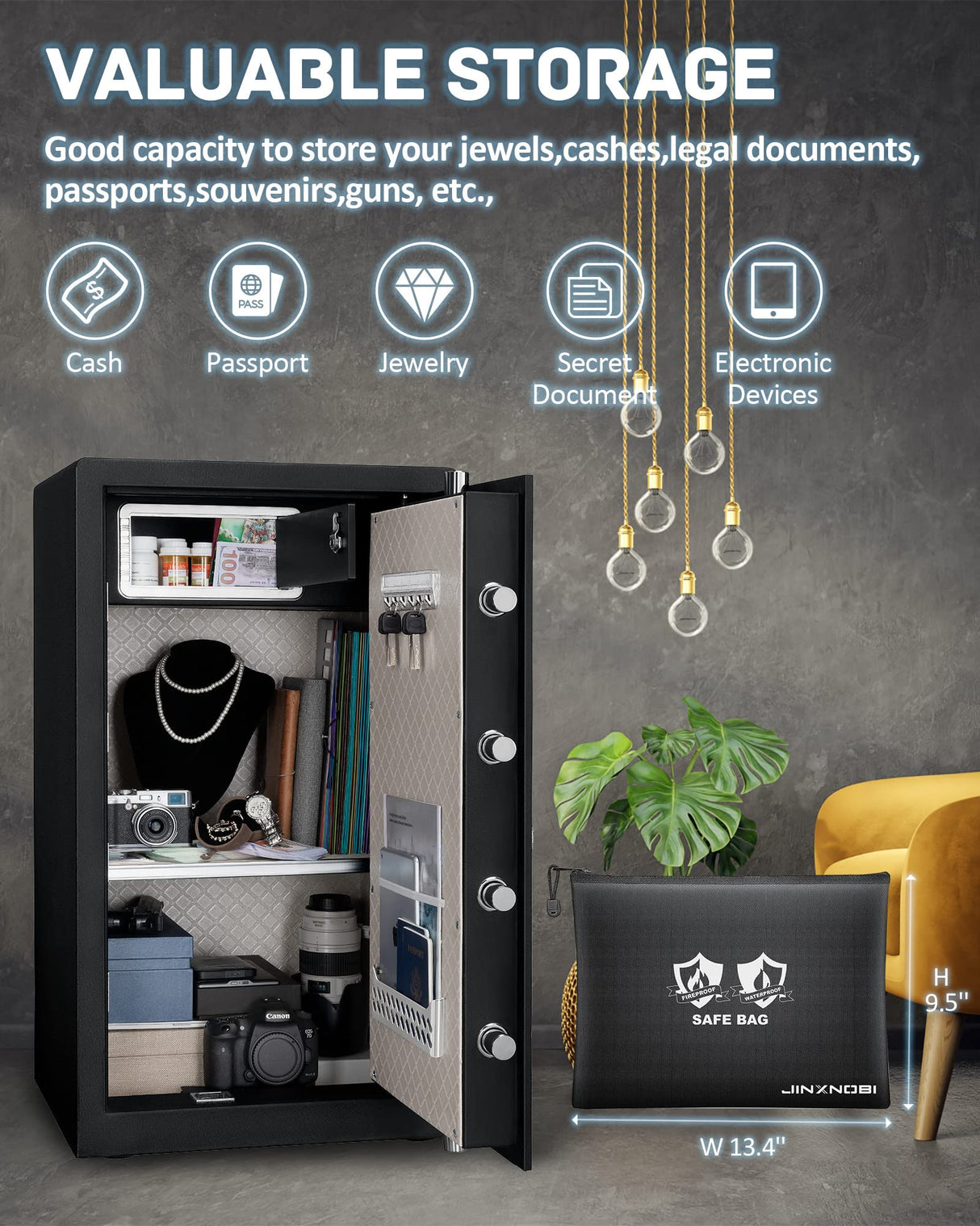 JINXNOBI Extra Large Safe Box with Big Fireproof Waterproof Document Bag,6.05 Cubic Feet Home Safe Lock Box,33.5in Security Vault with Electronic Keypad Digital Lock,for Home Office Hotel,83.5lbs JINXNOBI