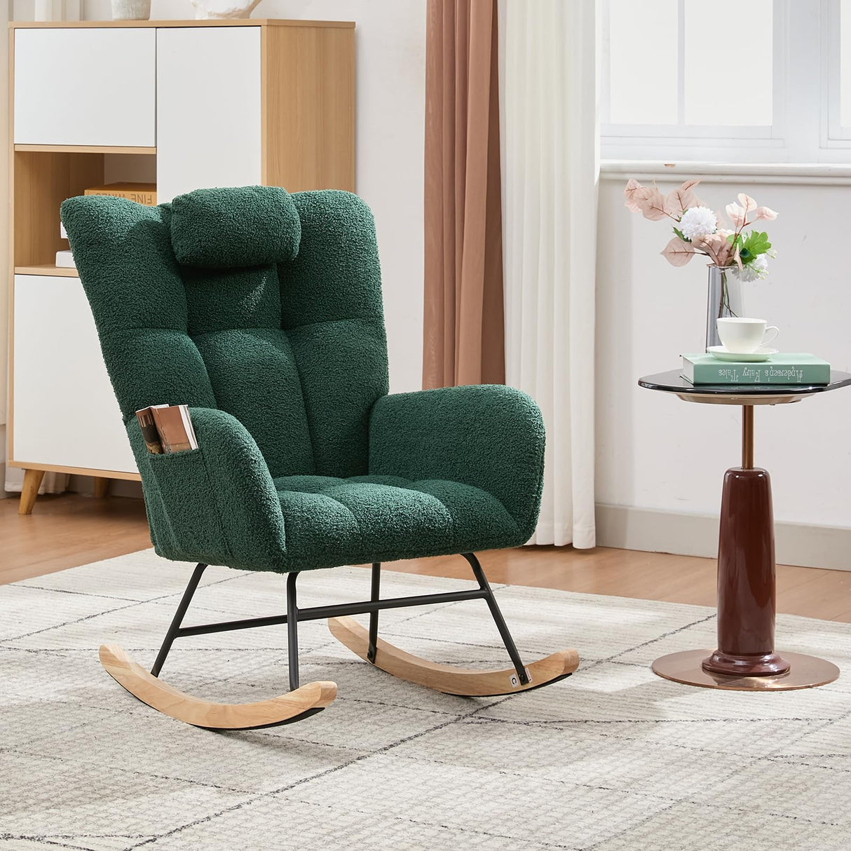 Rocking Chair Nursery Teddy, Upholstered Baby Fluffy Glider Rocker for Adults Small Spaces Indoor, Nursing Chairs for Living Room, Bedroom, Classroom(DarkGreen) GarveeHome