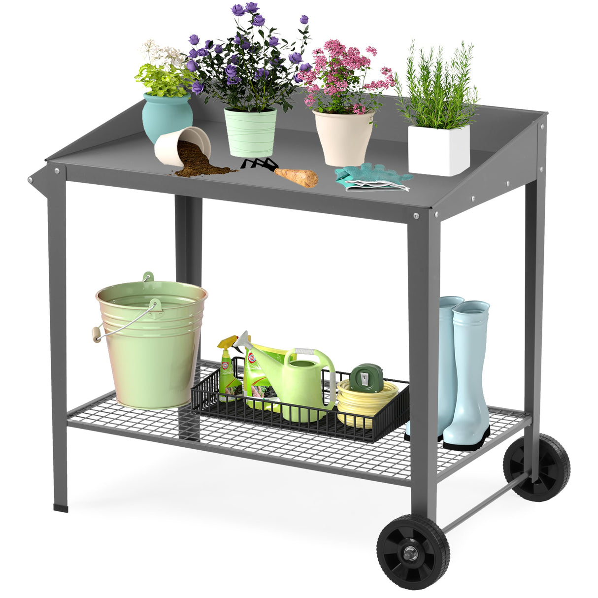 Outdoor Metal Potting Bench with Wheels, Heavy Duty Garden Workbench Table with Storage Shelf (Dark Gray, 36"x38.8") DDK