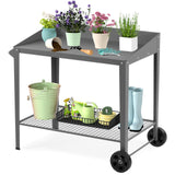 Outdoor Metal Potting Bench with Wheels, Heavy Duty Garden Workbench Table with Storage Shelf (Dark Gray, 36"x38.8") DDK