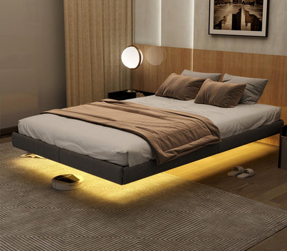 Floating Full Size Bed Frame with LED Lights, Remote Control RGB, and Under Bed Storage by RVONOW - WoodArtSupply