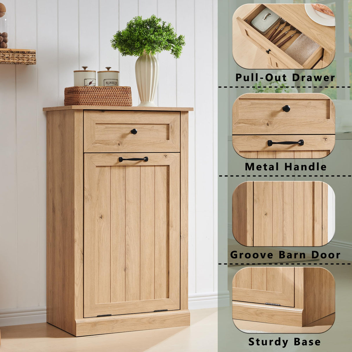 IFGET Tilt Out Trash Can Cabinet, 10 Gallon Farmhouse Laundry Hamper Cabinet with Drawer, Hidden Wooden Trash Garbage Can Bin with Storage Basket for Kitchen, Living Room (Natural) IFGET