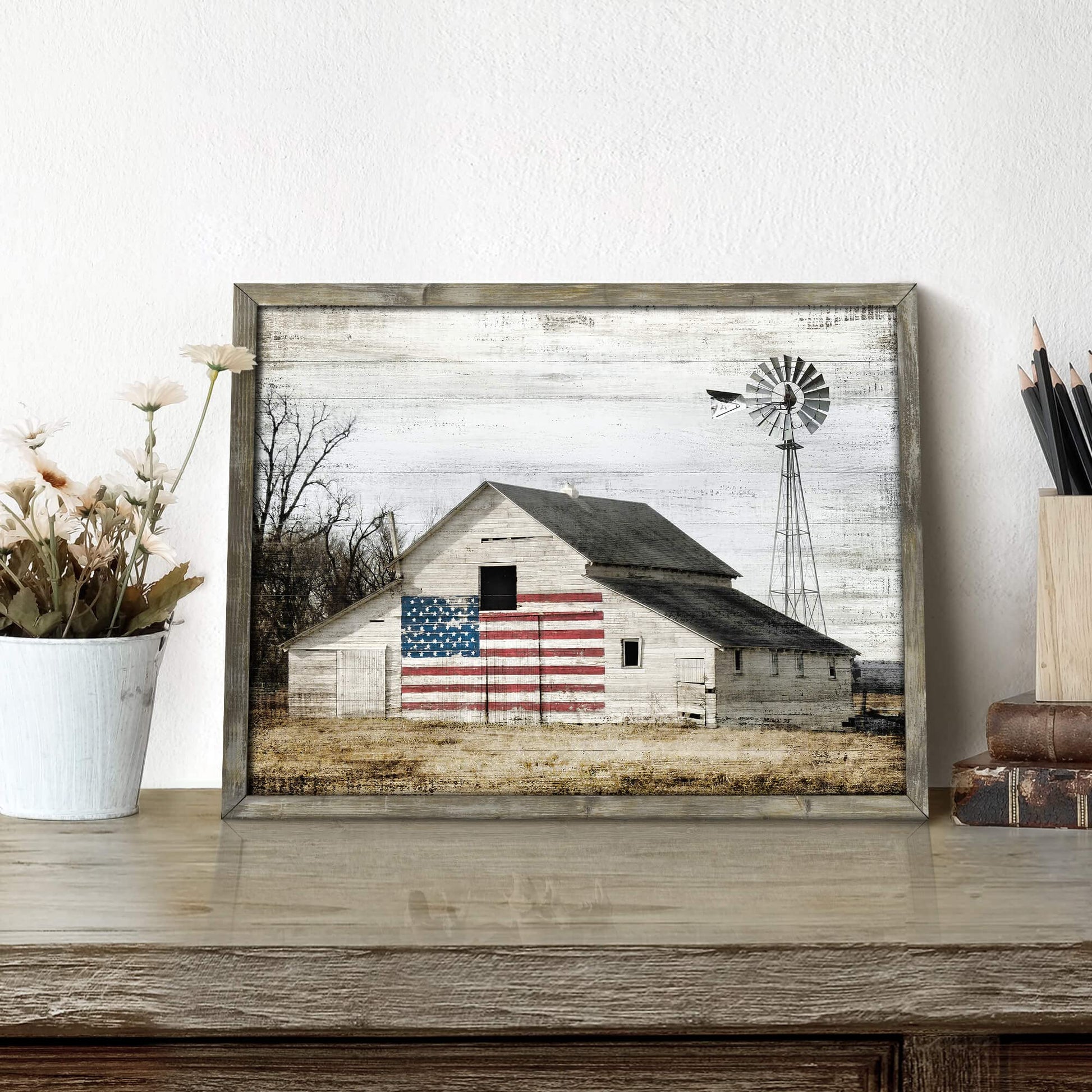 Wooden Picture Art Wall Decor: Rustic Old Barn Artwork American Flag Painting Grey Windmill Prints Landscape for Farmhouse Home Living Room Decoration - WoodArtSupply