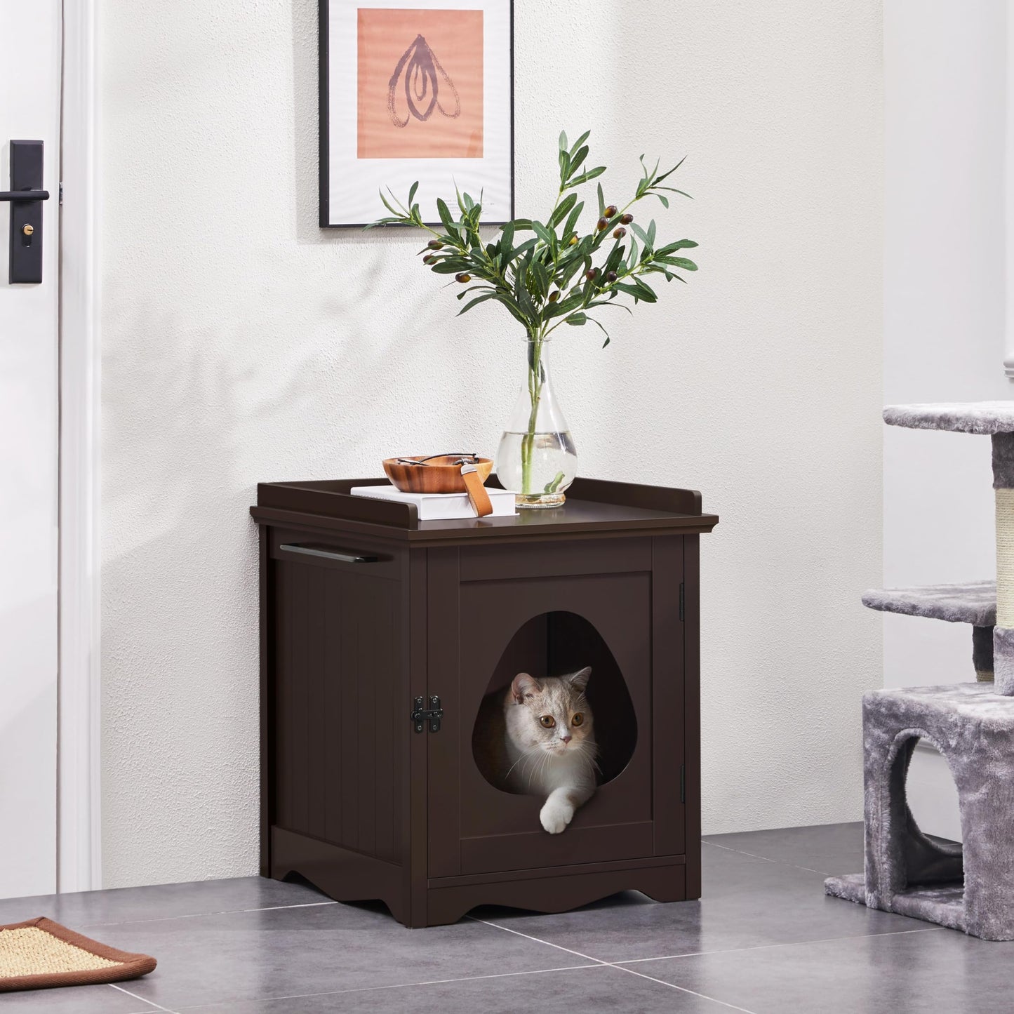 Yaheetech Cat Litter Box Enclosure, Hidden Cat Litter Box Furniture with Side Towel Bar, Wooden Cat Washroom, Storage Cabinet, Indoor Pet House, Side Table Nightstand, Espresso