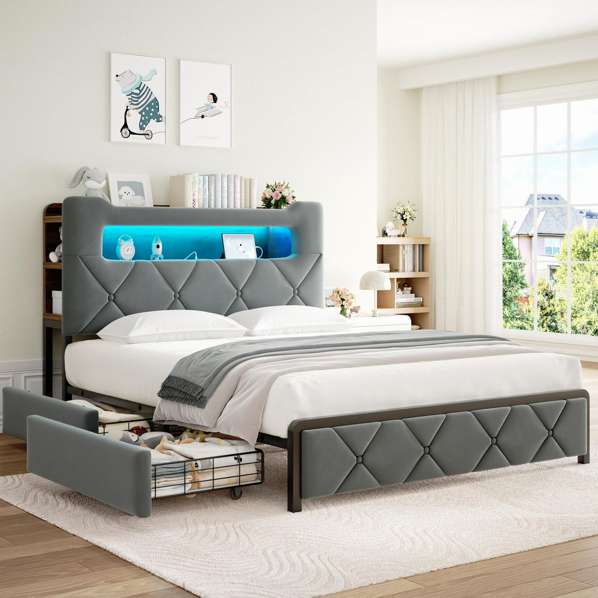 Queen Upholstered LED Bed Frame with 2 Storage Drawers and 2-Tier Storage Headboard, Velvet Platform Bed with Charging Station & Bookcase, Heavy Duty Metal Support, No Box Spring Needed, Grey Jocoevol