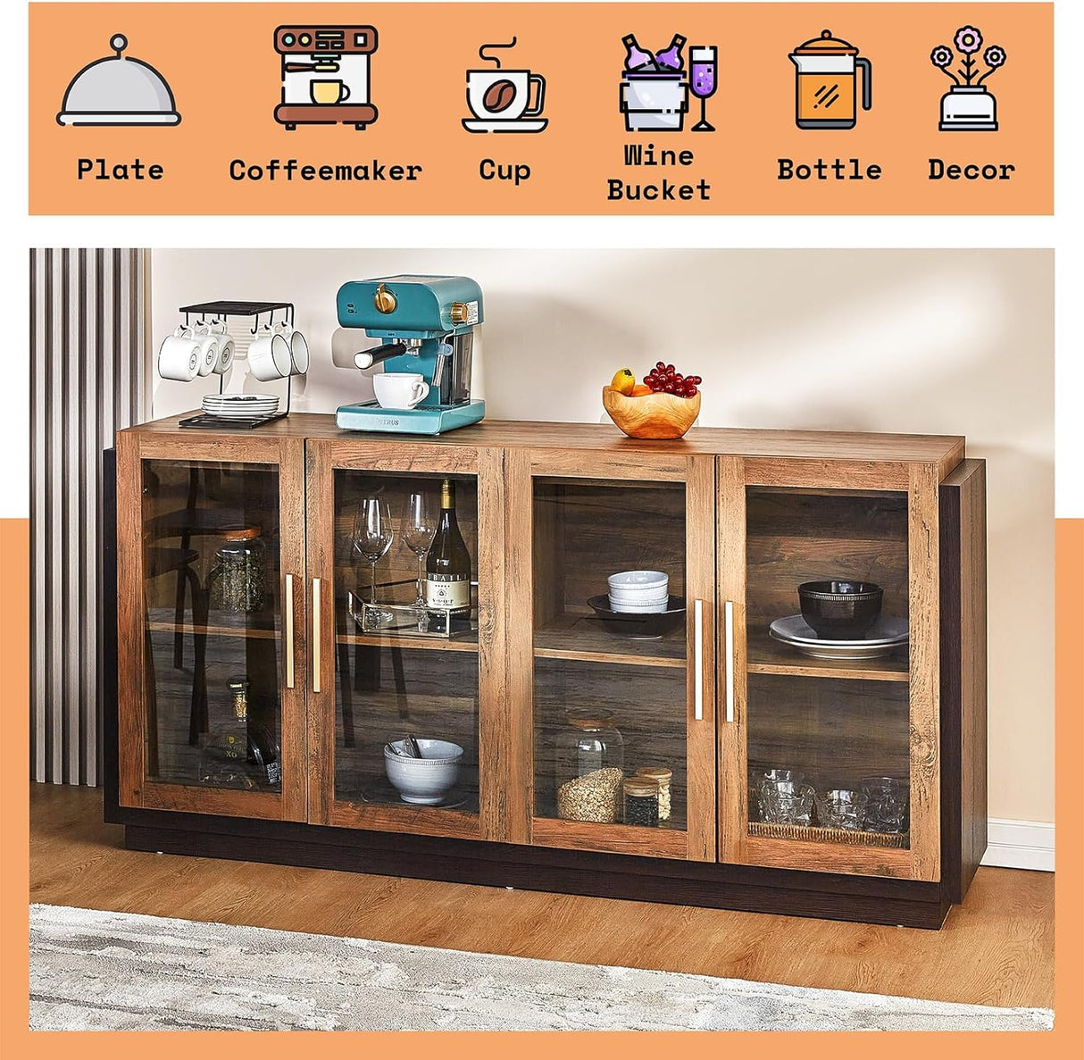 AMERLIFE Sideboard Buffet Cabinet, Mixed Color Accent Cabinet with LED Lights, Modern Glass Doors Storage Cabinet with Adjustable Shelf, Console Table for Dining, Living Room, Barnwood&Brown AMERLIFE