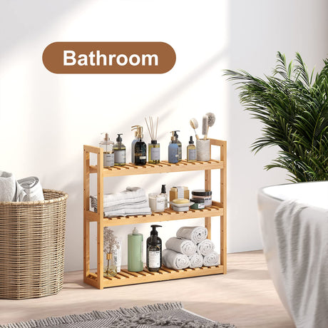 FILWH Bamboo Organizer Rack - Adjustable 3-Tier Storage Shelf, Wall Mounted or Over The Toilet, Living Room, Kitchen (Natural) FILWH