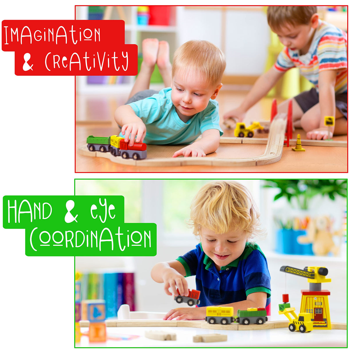 KipiPol Wooden Train Sets for Boys 2-4-7 – 38 Pcs Wood Train Set for Toddlers w/Crane, Bridge & Wooden Train Tracks – Train Toys for 3 Year Old Boys Kipipol