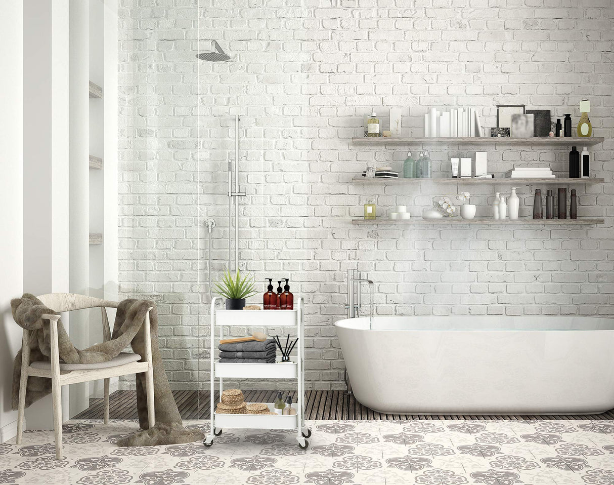 CAXXA 3-Tier Rolling Metal Storage Organizer - Mobile Utility Cart Kitchen Cart with Caster Wheels, White CAXXA