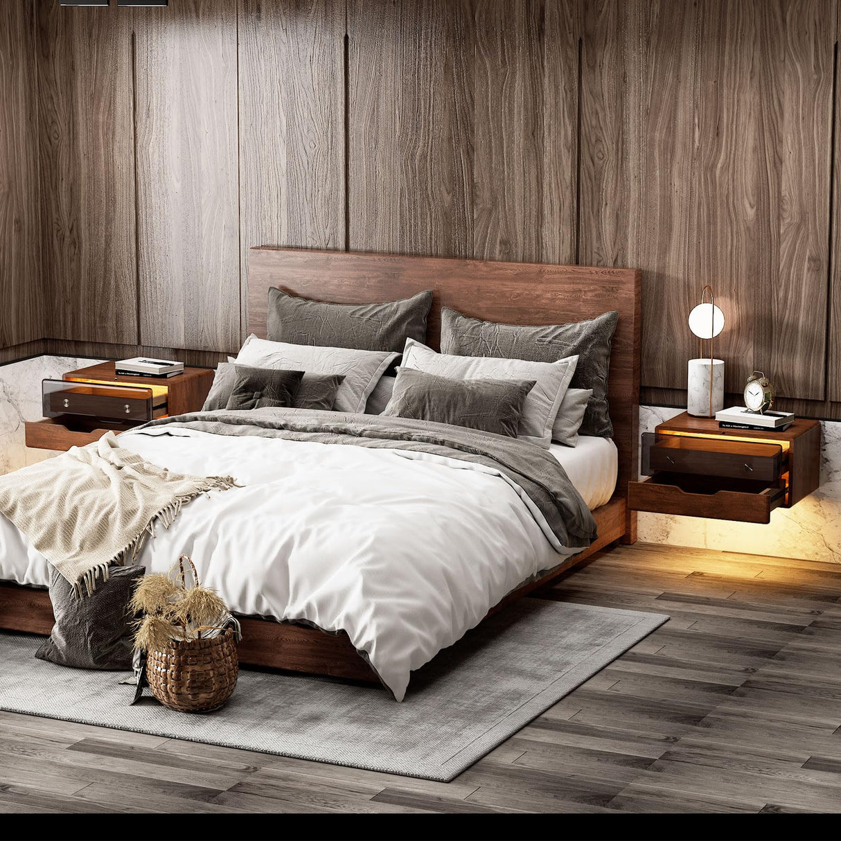 MUSSTUFIC Floating LED Nightstand, Smart Sensor Bedside Wall Mounted Wood Side End Table with 2 Storage Drawers for Bedroom Dorm Small Space, Dark Walnut (Walnut, 1 pcs) MUSSTUFIC