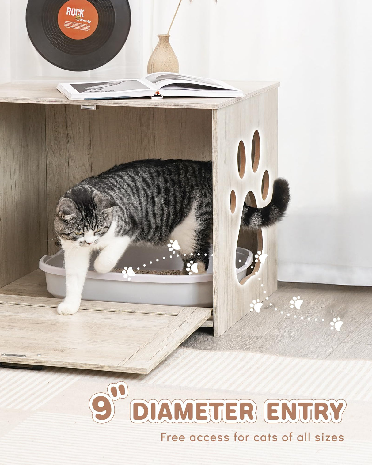 JubiNatural Cat Litter Box Enclosure, Indoor Hidden Cat Litter Box Furniture, Simple Classic Sliding Door Style Cat Litter Box Cabinet for Convenient Entry, Use As Side Table or Nightstand JubiNatural