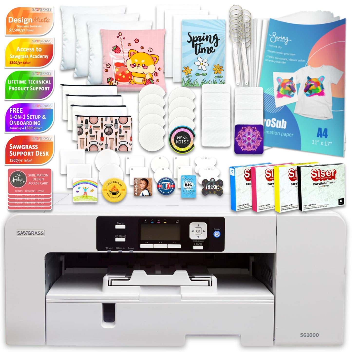 Sawgrass Easysubli SG1000 Sublimation Printer with Deluxe Stater Bundle (31ml Ink Set), White