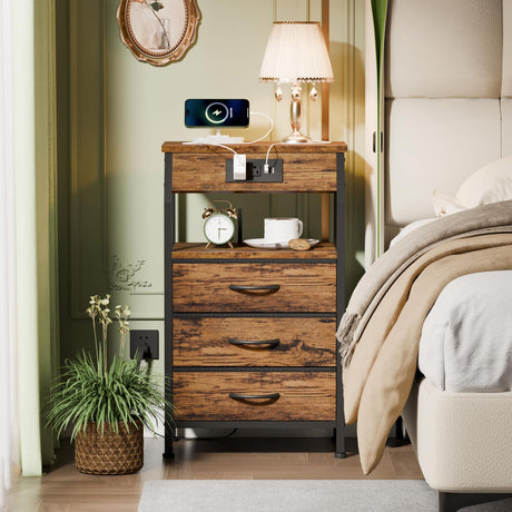 Furnulem Night Stand with Charging Station, USB Ports and Outlets, 28.3 Inch Tall Bedside Table with Wood Shelf, 3 Fabric Drawers Side Table for Bedroom, 3 Ways to Use, Rustic Brown Furnulem