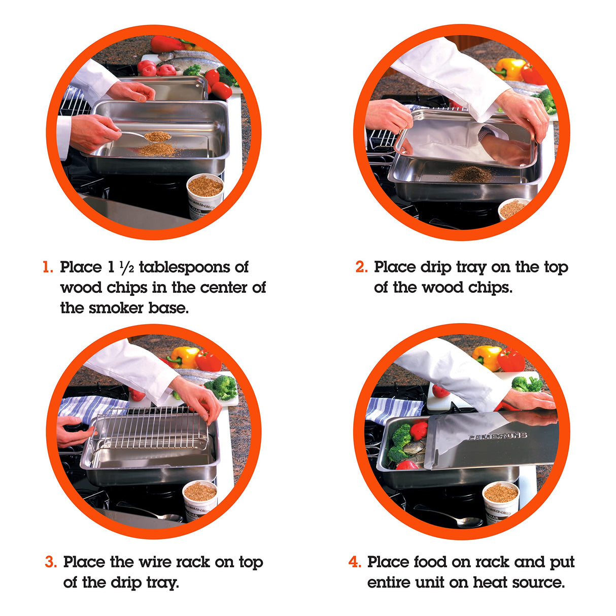 Camerons Original Stovetop Smoker - Smoker Box Gift Set w/Oak, Apple, Hickory Wood Chip Pints & Recipes - Indoor Outdoor Use on Any Heat for Smoking Meats, Veggies & Seafood - Grilling Gift for Men Camerons