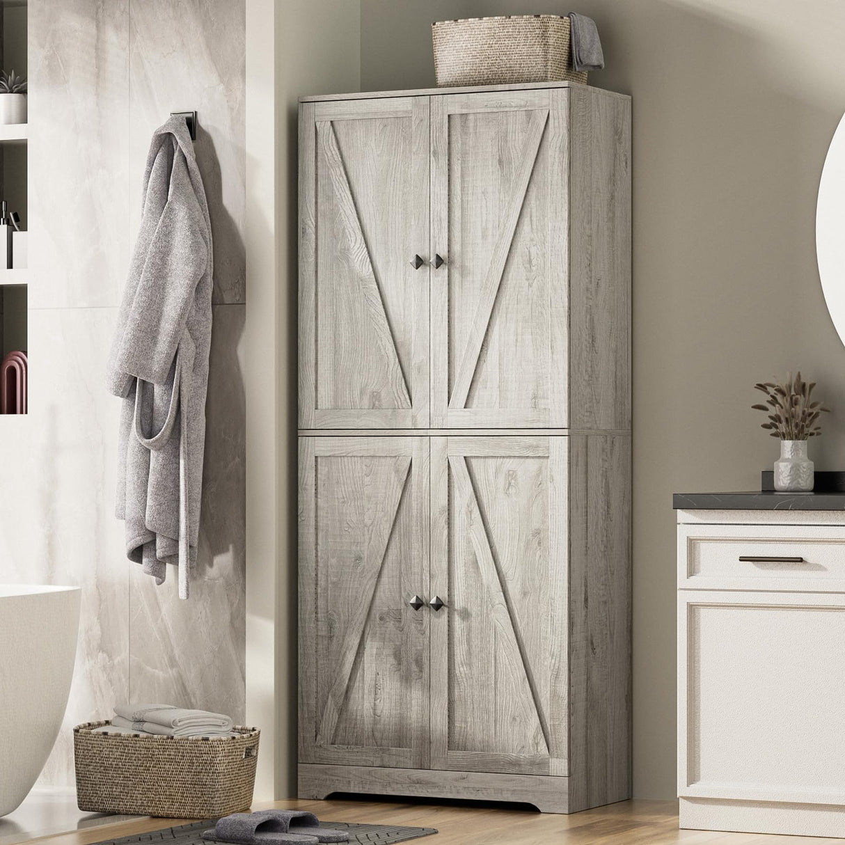 LYNSOM Farmhouse Storage Cabinet 72" Tall, Kitchen Pantry Cabinet with 4 Barn Doors and Adjustable Shelves, Freestanding Storage Cabinets for Kitchen, Grey LYNSOM