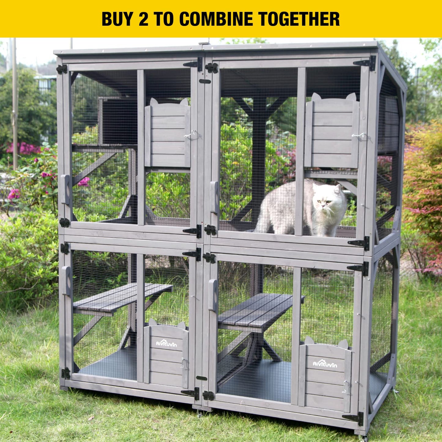 Aivituvin Cat House Outdoor Catio Cat Enclosures on Wheels70.9 Kitty House with Upgraded Resting Box,Waterproof Roof