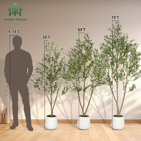 VIVATREES Olive Trees Artificial Indoor, 7FT Tall Faux Olive Tree with White Tall Planter, Artificial Plants with Natural Wood Trunk and Lifelike Fruits for Home Office Decor VIVATREES